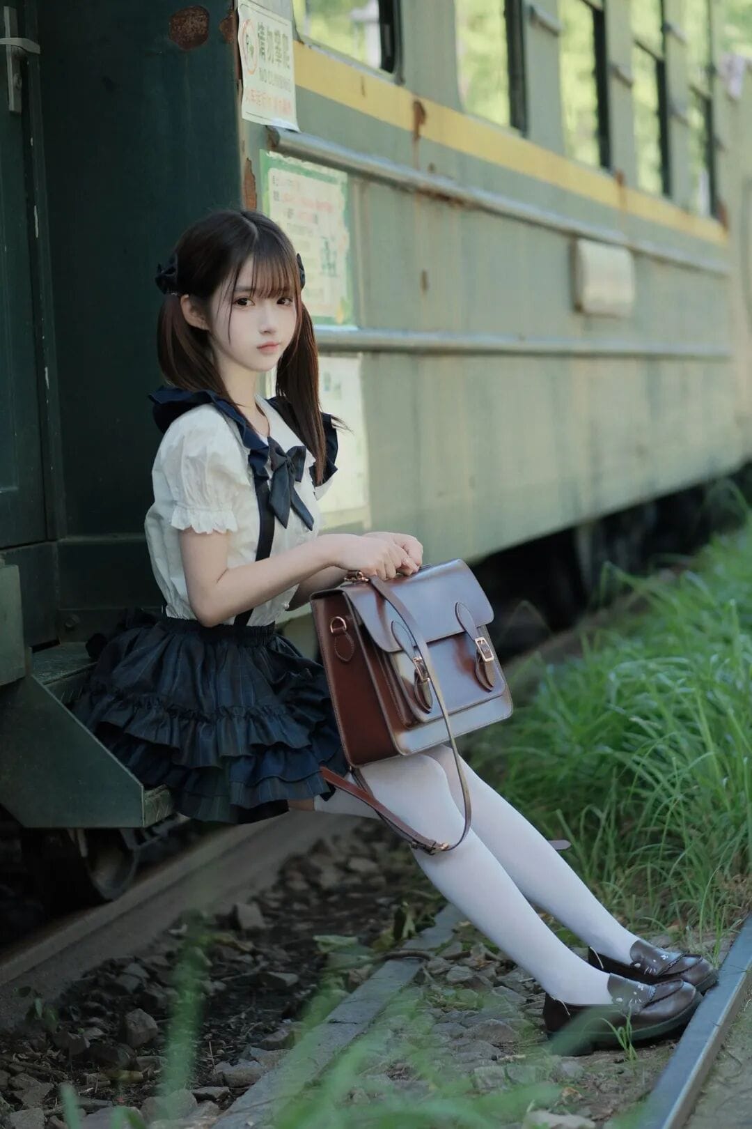 Girl holding a leather satchel sitting on the entrance steps of an old vintage train car