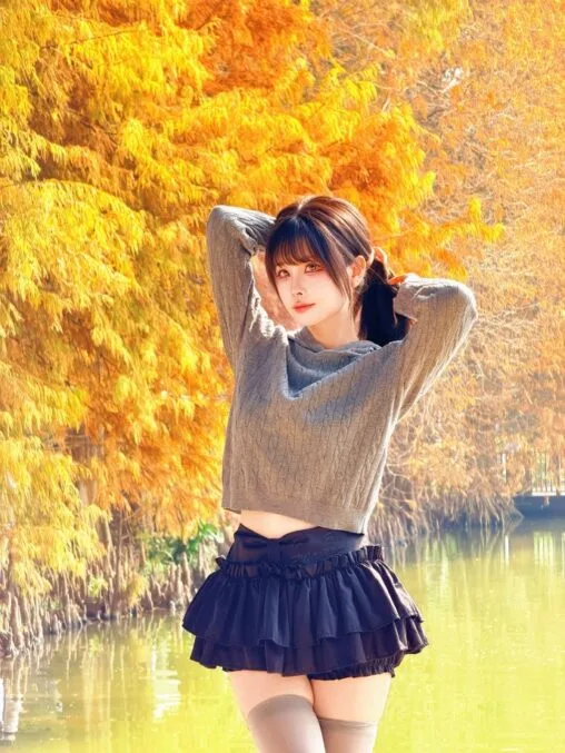 Japanese aesthetic portrait with warm autumn cypress background