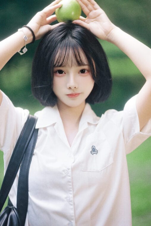 Short hair girl in Japanese academy uniform holding a green apple on her head under rainy day light
