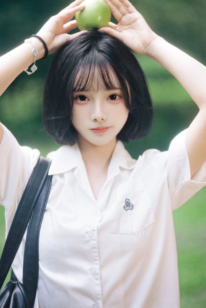 Short hair girl in Japanese academy uniform holding a green apple on her head under rainy day light - Model Ah Xuan