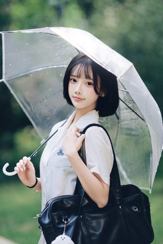 Girl in white school uniform carrying a black bag and holding a clear umbrella in rainy weather - Model Ah Xuan