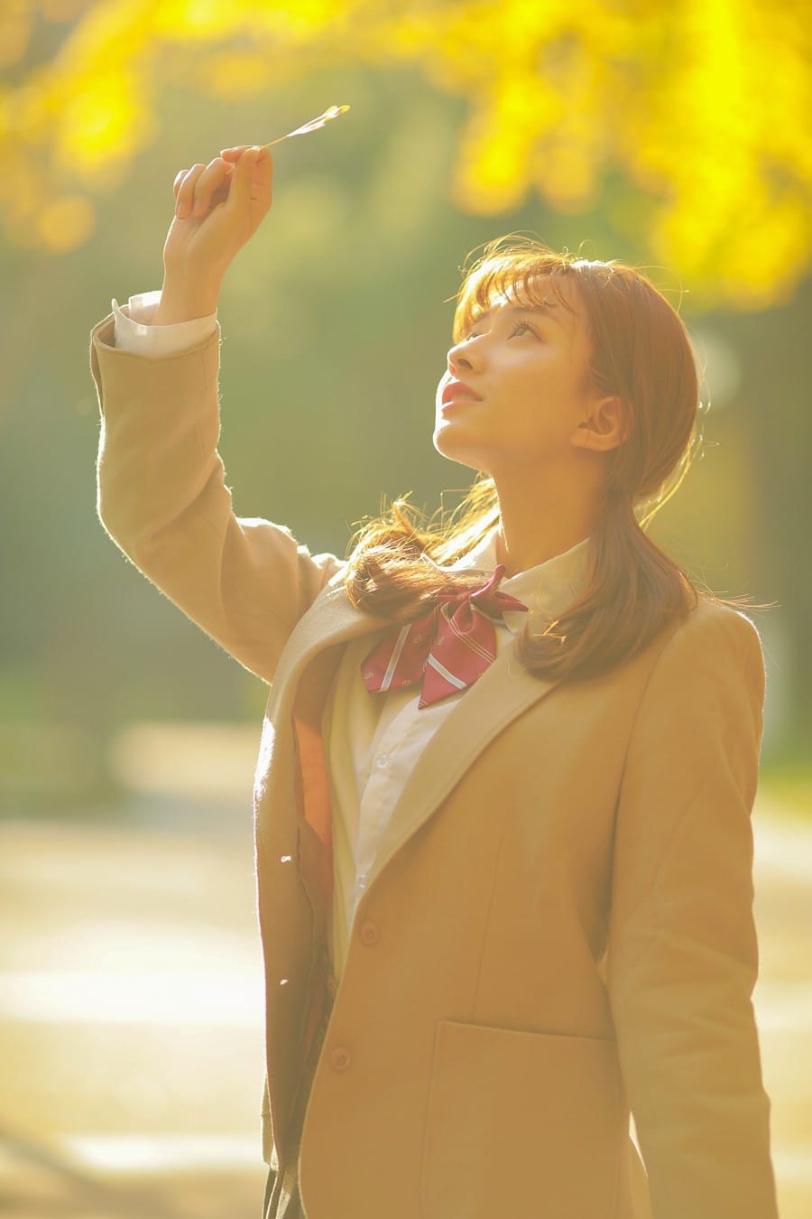Girl looking up towards the autumn canopy holding a ginkgo leaf against backlighting